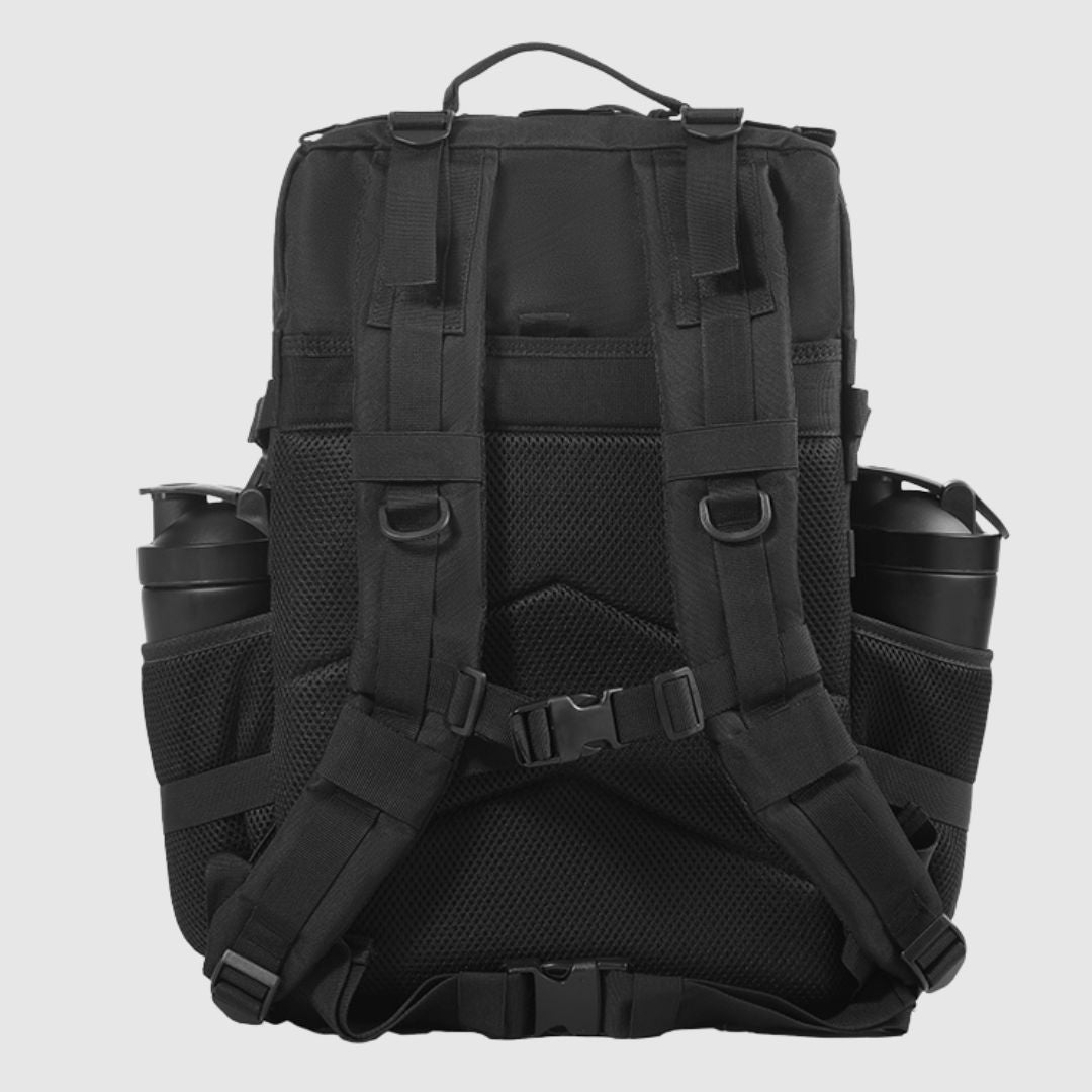 Black 45L meal prep backpack with padded shoulder straps, mesh back panel and side bottle holders