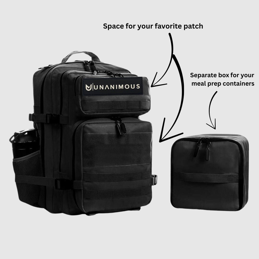 Black 45L meal prep backpack with space for patch and separate removable meal prep box