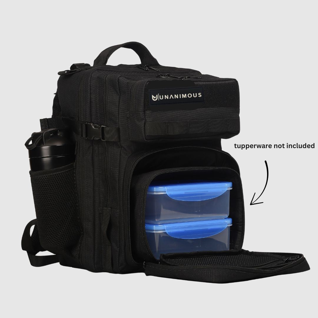 Black 45L meal prep backpack with insulated compartment for meal prep containers (tupperware not included)