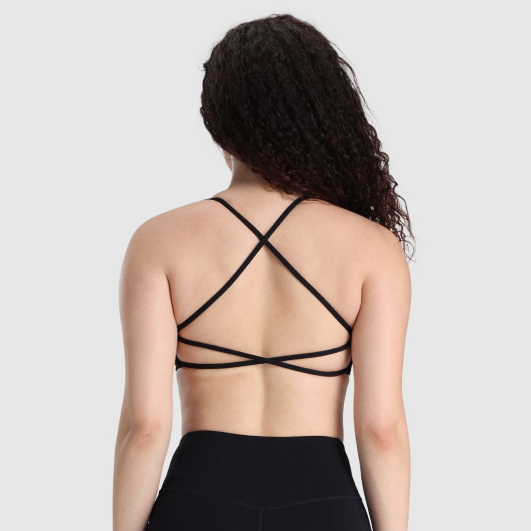 UNANIMOUS Twist Sport-BH in Schwarz mit elegantem Crossback-Rückendesign – Rückansicht