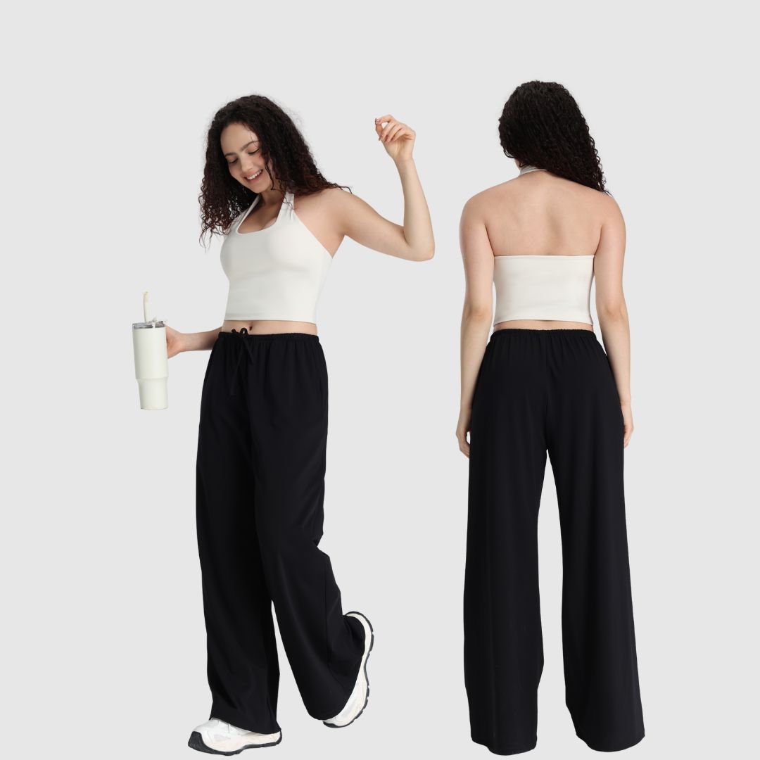 Vorder- und Rückansicht der UNANIMOUS Everyday Wide Leg Pants in Schwarz